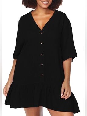 Raisins Curve NWT Black V-Neck Button Front Ruffle Hem Dress Swim Coverup 3x